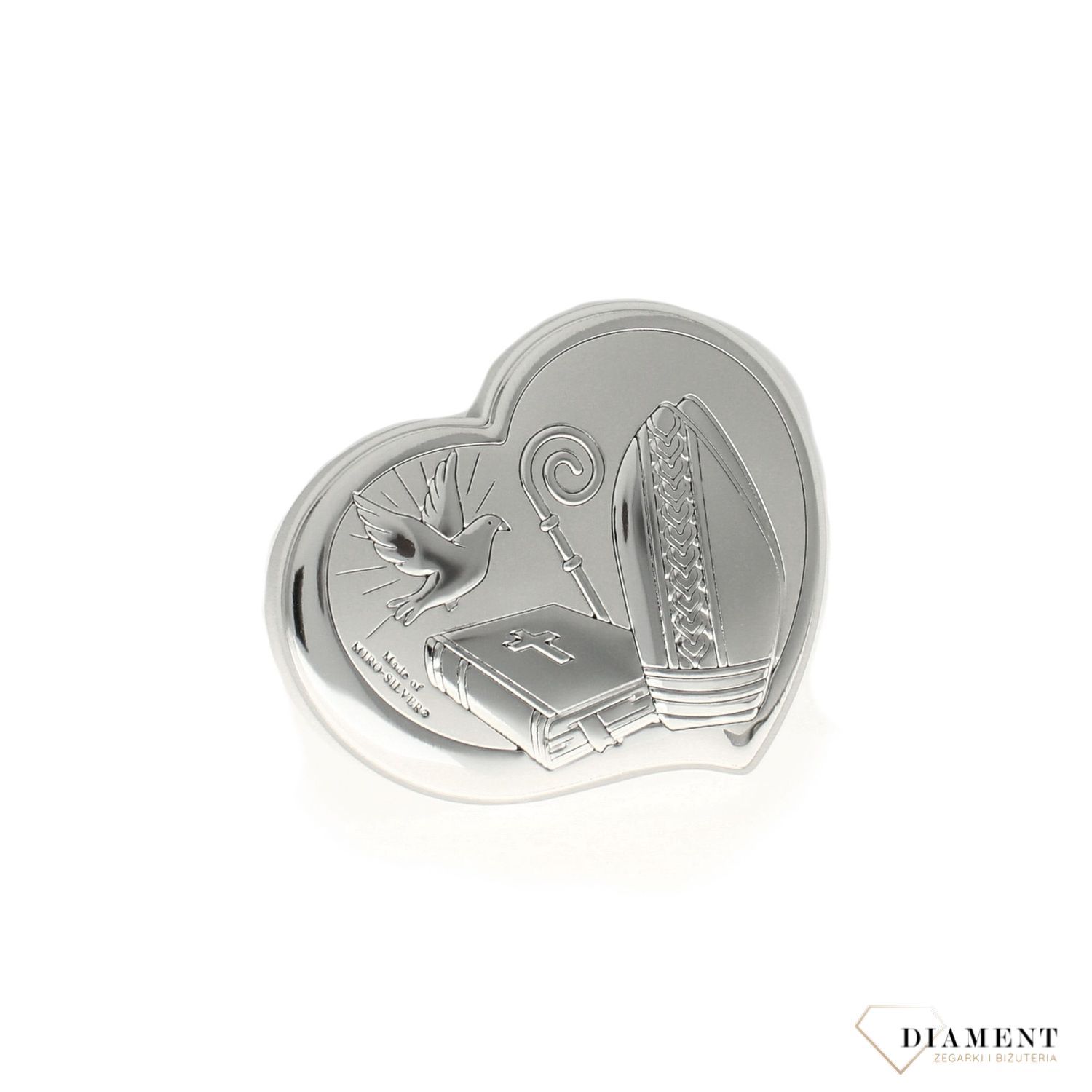 Srebrny obrazek symbolizujący Sakrament Bierzmowania w pięknym ponadczasowym kształcie jakim jest serce. Drobny upominek na pamiątkę jednego z  trzech ważnych sakramentów (2).jpg